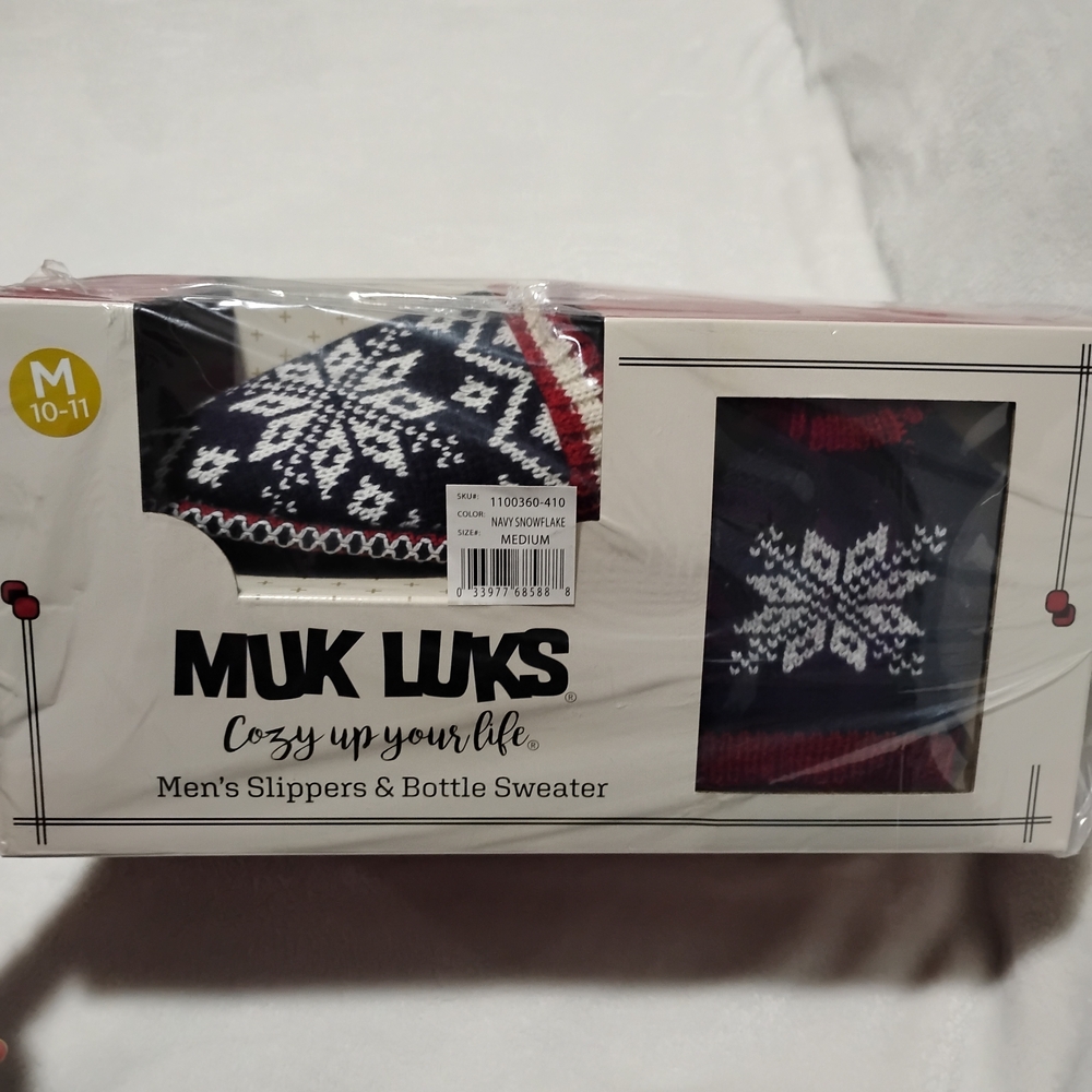 Muk Luks Navy and Red Snowflake Slippers & Bottle Sweater Set